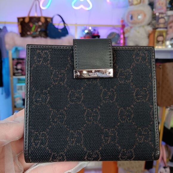 NIB Gucci Dark Brown Monogram GG Denim/Canvas Leather Trim Compact Wallet w/Box - Picture 2 of 11